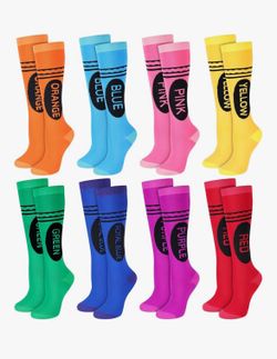 MJOGGOTT 8 Pairs Crayon Socks Colorful Striped Crayon Thigh High Stocks Funny Tube Knee Sockings for Women Girls Halloween Cosplay Party Accessories