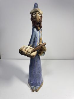 Handmade Ceramic Wizard Figurine – Pottery Sculpture with Book & Wand – Vintage Style