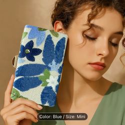 Charming Blue Floral Sequin Hand-stitched Evening Clutch with Golden Chain Strap