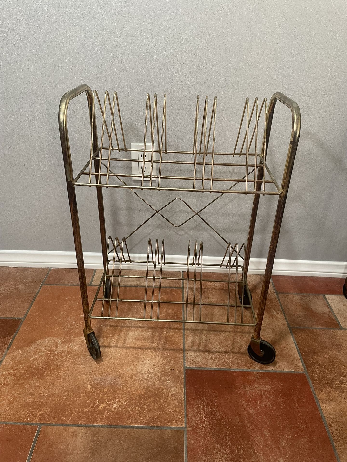 Vintage Mid Century Gold Metal Record Rack W/wheels
