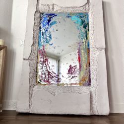 Pop art mirror. Accent mirror with cement frame. Handcrafted.