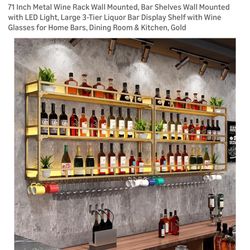 New large 71” gold wall mounted liquor rack, or wine rack  LED lights