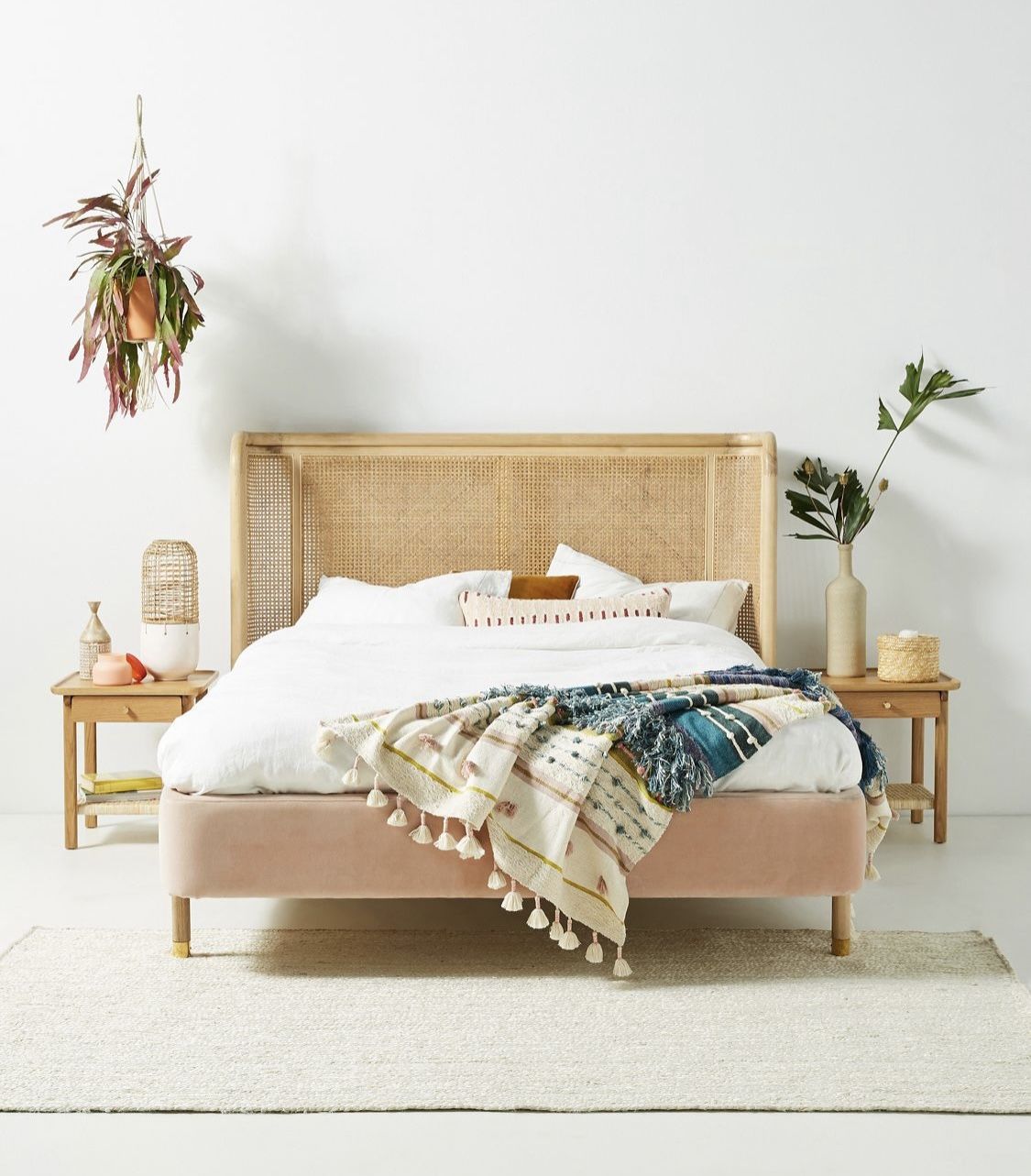 King Bed Frame Rattan And Pink Velvet