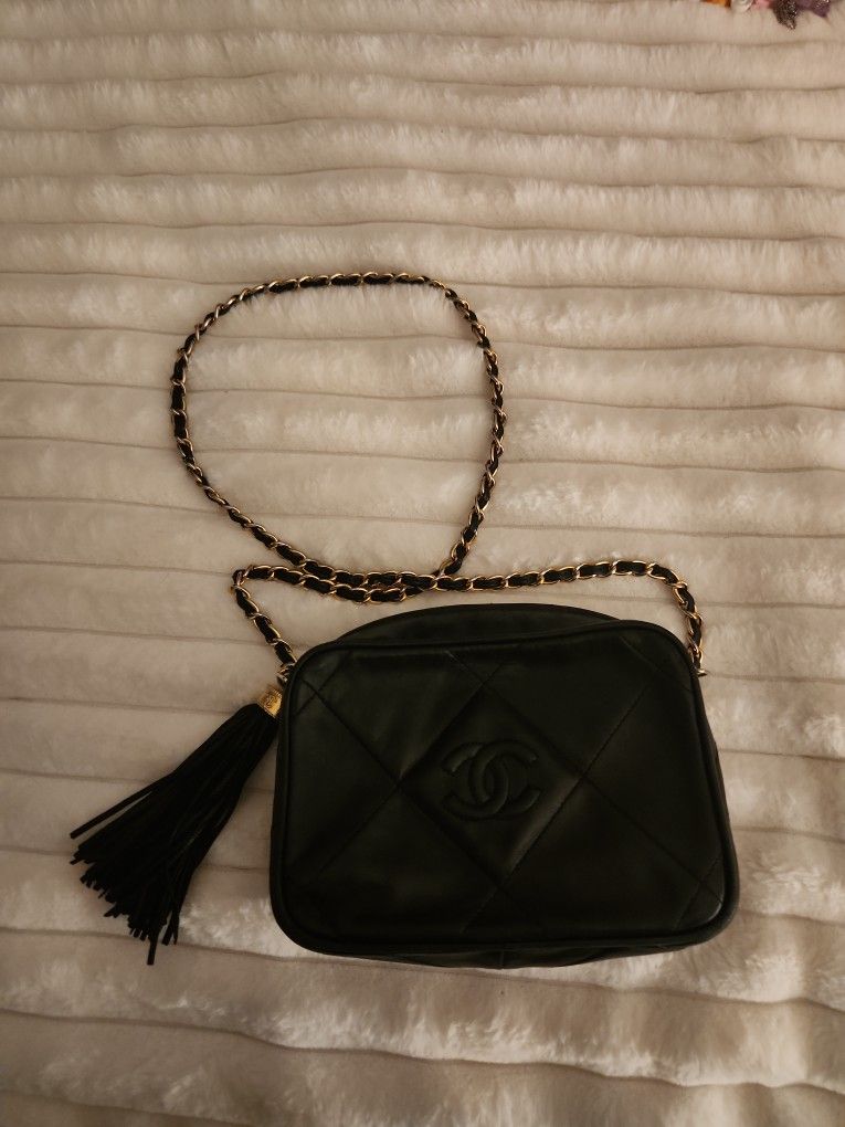 Chanel 8x4 Black Leather Gold Metal Laced Strap Clutch