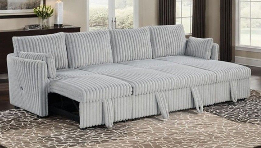 Brand New Grey Corduroy Sectional Sofa Sleeper