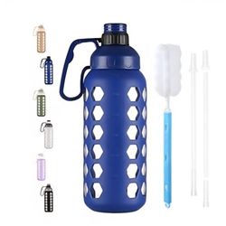 64 Oz Glass Water Bottles, Half Gallon Water Bottle With Straw And Silicone Sleeve Wide Mouth Leakproof Blue