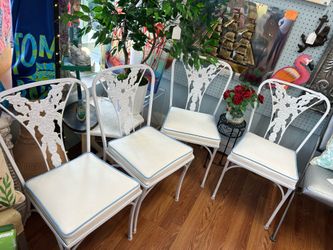 Set of 4 Vintage Cast Aluminum Chairs with White Vinyl Seats with Blue Piping Floral Motif