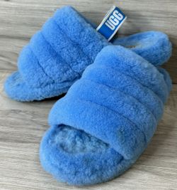 Ugg Fluff Yeah Women'S Blue Sheepskin Slide Sandals Size 6 (PO1027077)