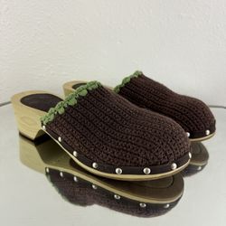 AIRWALK Vintage Y2K Fall Brown Green Knit Cottage Wood Heeled Chunky Clog Mules