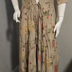 Womens X-Large Tan Lined Duster Embroidered Florals Boho Long Cardigan Mid Tie