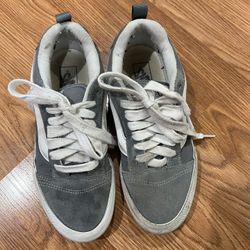 Vans Knu Skool sneakers, gray or "Stormy Weather" colorway, featuring a puffed-up tongue and thick laces inspir