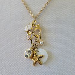 Signed Guen Necklace Shell Sea Life Rhinestone Faux Pearl Gold Tone 18" Jewelry 