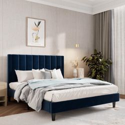 Bed Frame With Velvet Headboard And Mattress