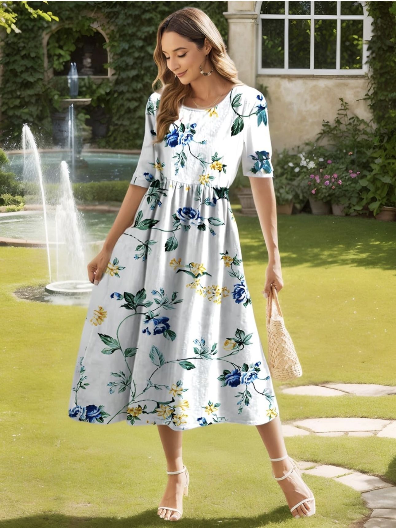 White Floral Print Maxi Dress for Women Casual Short Sleeve Summer Dress Loose Fit Floral   Size L  Brand new 