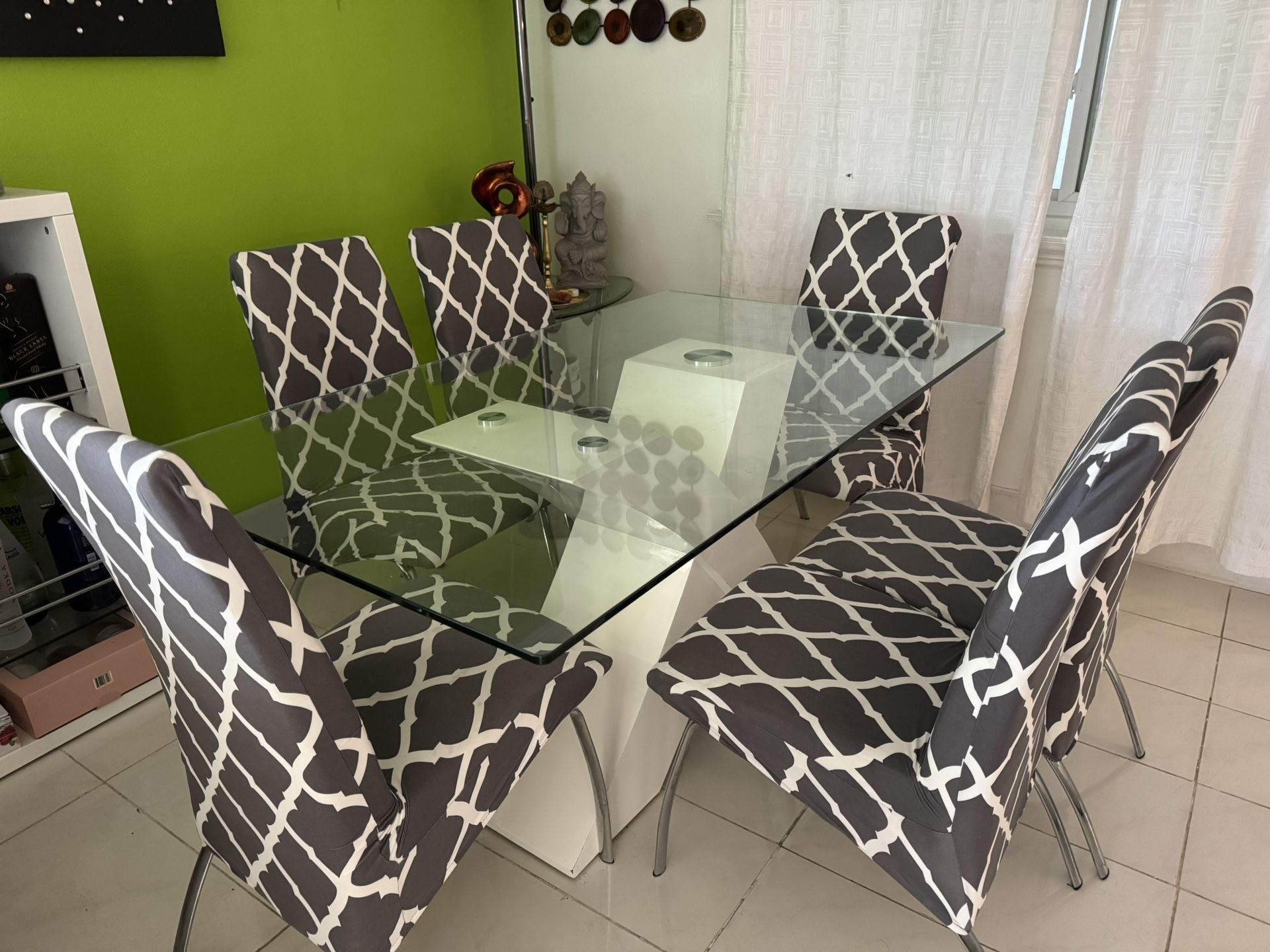 Modern Glass Dining Table With Six Chairs, Removable and Washable Covers