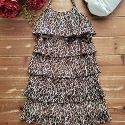 SIZE 8 GIRLS STRAPPY LEOPARD LAYER RUFFLE MIDI DRESS W/RIBBON BELT
