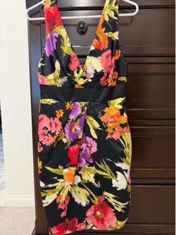 Medium Black Satin Multicolor Painterly Floral Tulip Cocktail Dress