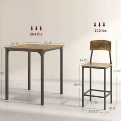 HOMCOM 3 Piece Pub Table and Chairs, Small Kitchen Table and Chairs, Square Dining Table with 2 Stools, Rustic Brown and Black