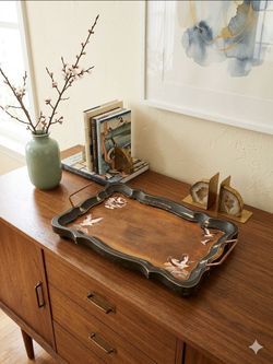 Chinoiserie-style wooden serving tray distressed finish & Japanese crane motifs