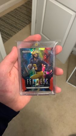 JJ McCarthy rookie fearless card red, yellow, and blue parallel