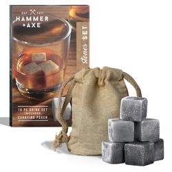 NIB Hammer & Axe Whiskey Stones Set 10 Piece Set + Carry Pouch