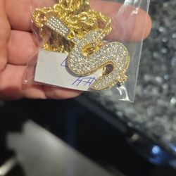 Iced Out Gold Plated Dollar Sign W/ 24" Rope Chain Necklace 
