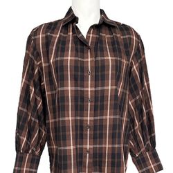 New J. Crew Women’s Brown Plaid Puff Sleeve Button-Up Flannel Shirt Size XS