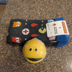 NEW 2025 American Red Cross Pac-Man Crew Socks & Yellow Gashapon Collectible Toy
