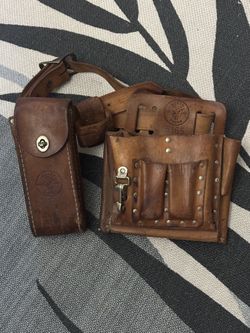 Klein Tools Leather Tool Belt + Hammer Slot + Meter Pouch 