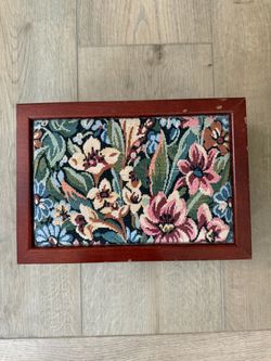 Vintage Floral Needlepoint Wooden Box