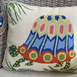 Vintage mid-century turtle needlepoint pillow