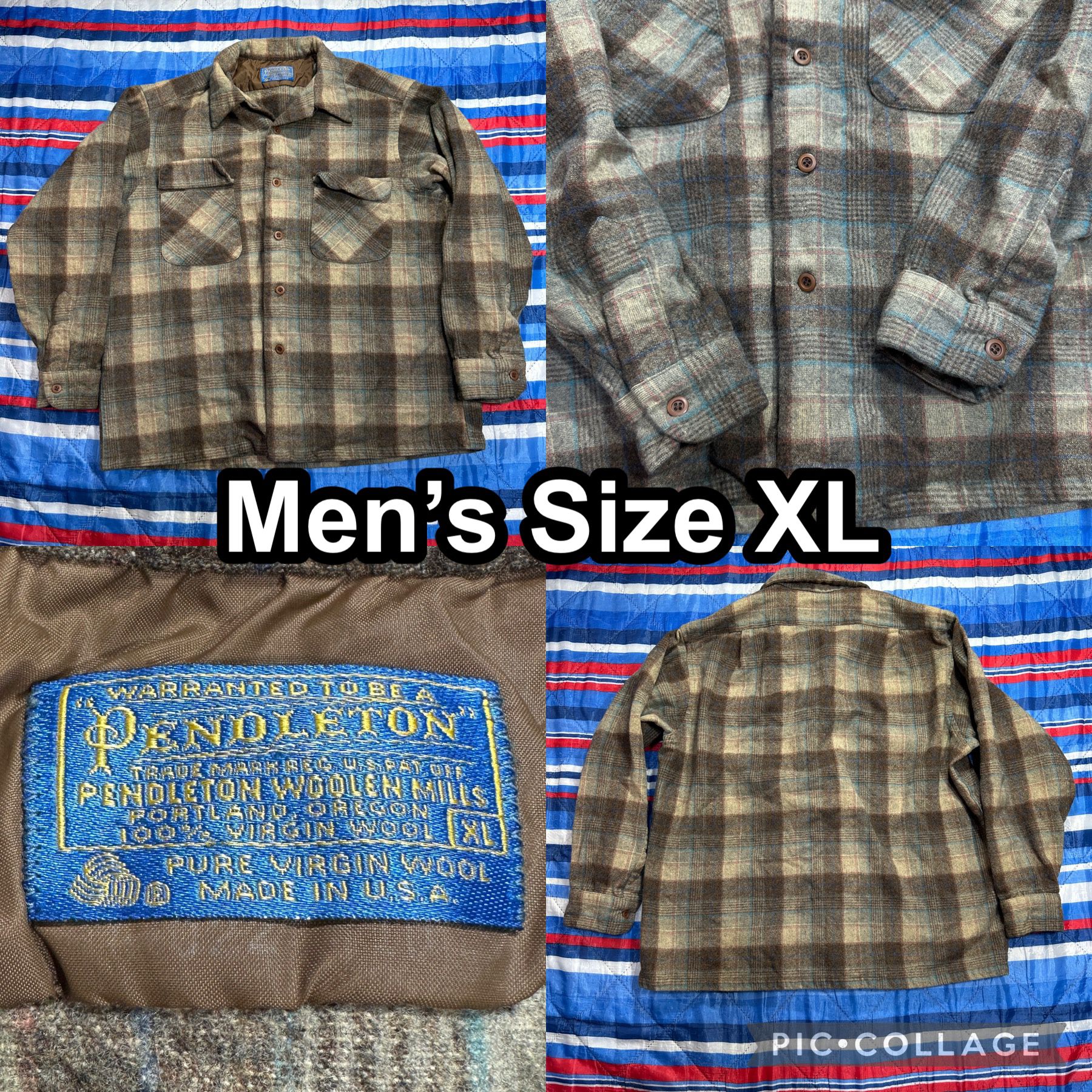 Vintage Pendelton Woolen Mills 100% Pure Virgin Wool Tan Brown Flannel Size XL