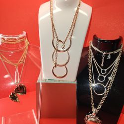 #1893 SIGNED NECKLACES LOT, EXPRESS, 18K GP, C JEWELRY. 5 ITEMS 
