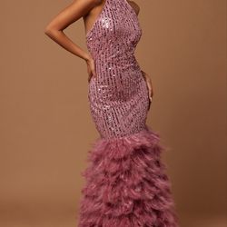 Pink sequins/feather halt top mermaid dress