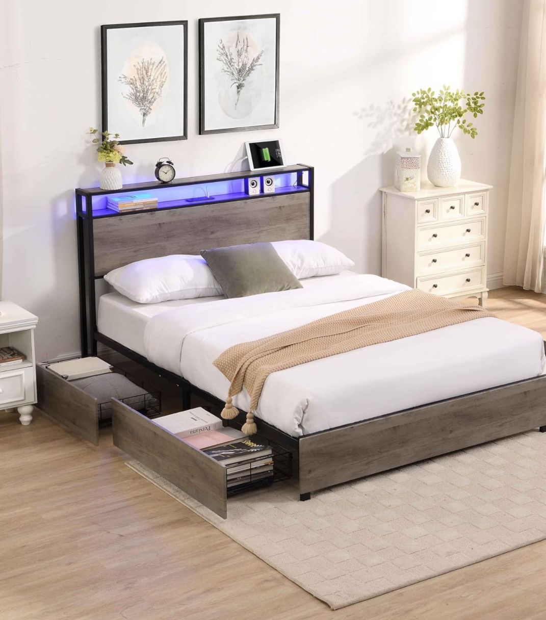 Modern Led Bed Frame with Headboard, Charging Station