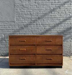 Vintage Mid Century Modern Walnut Veneer & Black 6 Drawer Lowboy Dresser