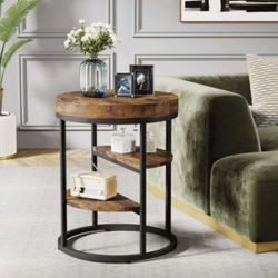 Round End Table, Small Side Table Nightstand With 3-Tier Shelves