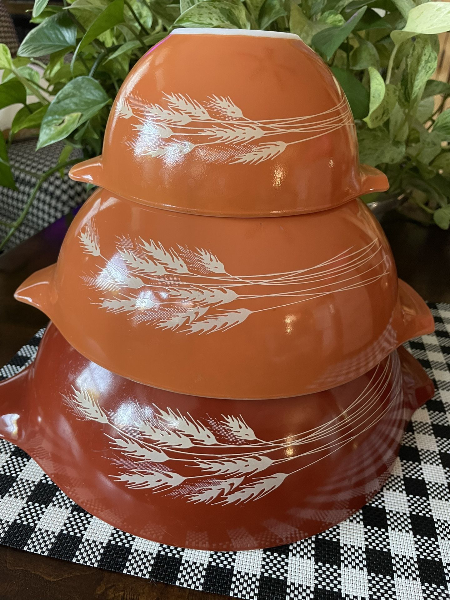 3 Vintage Pyrex Autumn Harvest Wheat Cinderella Nesting Mixing Bowls #444, 443, 441