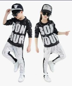 Brand New Boys Girls Sequins Hip Hop Halloween Costume Modern Hip-hop Street Dance Clothing Set, Stretchy, Size 5