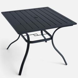Black Square Metal Outdoor Patio Dining Table With Umbrella Hole