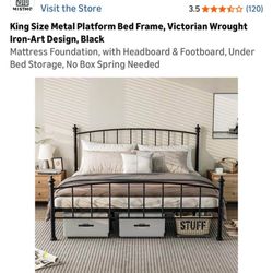 King Size Metal Platform Bed Frame, Victorian Wrought Iron-Art Design, Black