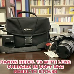 CANON REBEL TO WITH LENS CHARGER IN SOFT BAG REBEL T6 