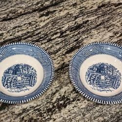 2 Currier And Ives Berry Or Dessert Bowls.  Old Farm Gate With Children By The Fence