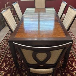 Elegant Dark Wood Dining Set – Burl Inlay Table & Upholstered Chairs