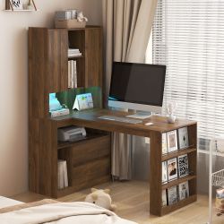 L Shaped Desk,Computer Desk with Drawers,Bookshelf,with LED Light,Modern Corner Desk,Home Office Desk,L-Shaped Study Table Writing Desk,Corner Gaming 