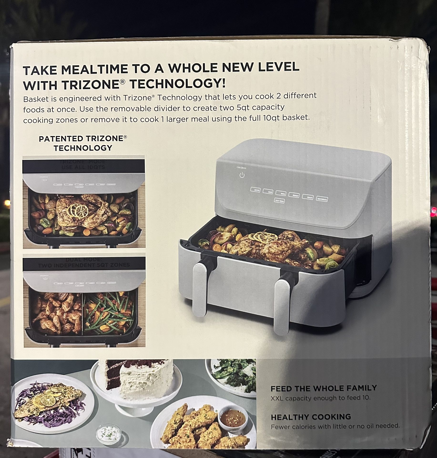 CRUXGG 10qt Dual Basket Tri-Zone Air Fryer Gray: 1700W, Cool Touch Handle, Includes Fry Basket
