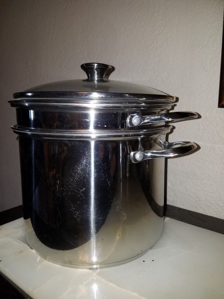 Like NEW 4 PC WOLFGANG Puck MACYS Double Boiler Steamer Stock Pot STAINLESS STEEL *MAKE AN OFFER* ORIG $200.