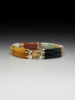Asian Multicolored Double Tube Jade 14k Gold Bracelet (11.8 dwt)