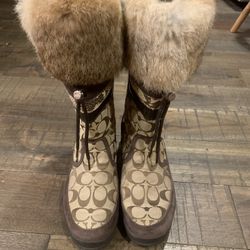 Brown Coach Signature Winter Boots Python & Real Rabbit fur Trim Size 9M Leona