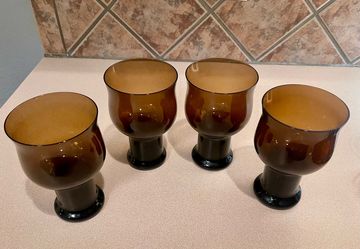 Vintage Amber Glass Pedestal Goblets (Set of 4)